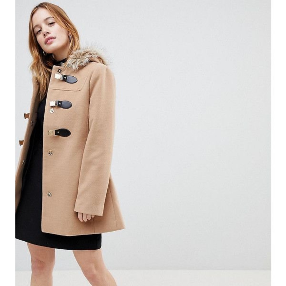 Asos Duffle Coat Plus‎ Size 16 Tan faux fur hood